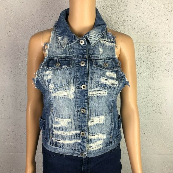 Vintage Havanna Distressed Sleeveless Denim Vest Jacket Style Hood Size S - Picture 2 of 10